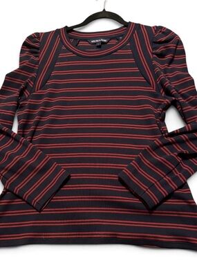 Veronica Beard Navy and Red Striped Puff-Sleeve Long Sleeve Top